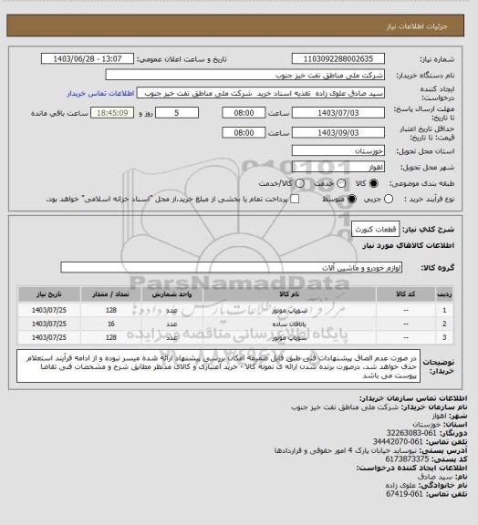 استعلام قطعات کنورث