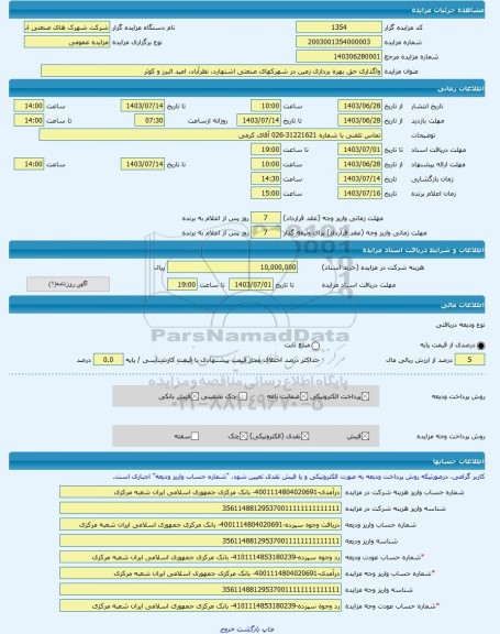 مزایده ، واگذاری حق بهره برداری زمین در شهرکهای صنعتی اشتهارد، نظرآباد، امید البرز و کوثر -مزایده زمین  - استان البرز