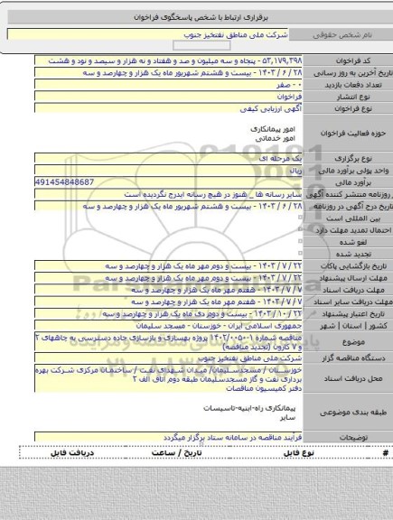 مناقصه, مناقصه شماره ۱-۱۴۰۲/۰۰۵۰ پروژه بهسازی و بازسازی جاده دسترسی به چاههای ۲ و ۷ کارون (تجدید مناقصه)