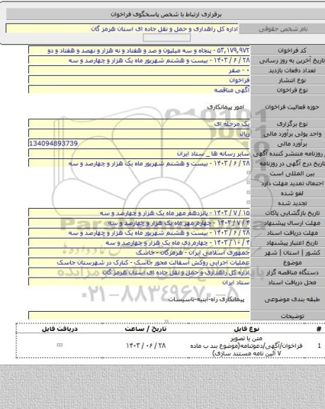 مناقصه, عملیات اجرایی روکش آسفالت محور جاسک - کنارک در شهرستان جاسک