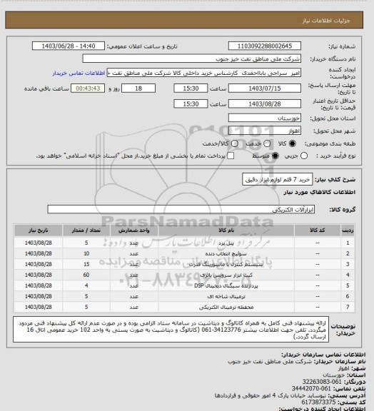 استعلام خرید 7 قلم لوازم ابزار دقیق