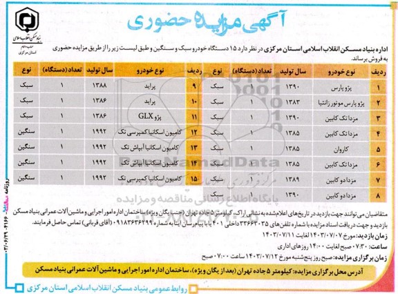 مزایده حضوری  15 دستگاه خودرو سبک و سنگین 