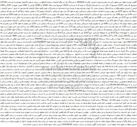 آگهی مزایده ششدانگ یک دستگاه آپارتمان شماره 6 واقع در سمت شرقی B طبقه چهارم به مساحت 157/48 مترمربع که مقدار 12/67 مترمربع