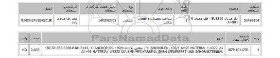 استعلام انکر متریال SUS310  -  قطر مفتول 6 - A=90