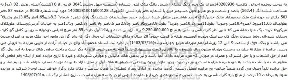 آگهی مزایده میزان یک ونیم دانگ مشاع ازشش دانگ پلاک ثبتی شماره (سیصدو چهل وشش)364 فرعی از 8 (هشت)اصلی بخش 02