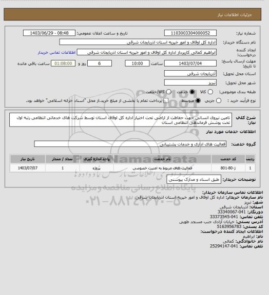 استعلام تامین نیروی انسانی جهت حفاظت از اراضی تحت اختیار اداره کل اوقاف استان توسط شرکت های خدماتی انتظامی رتبه اول تحت پوشش فرماندهی انتظامی استان