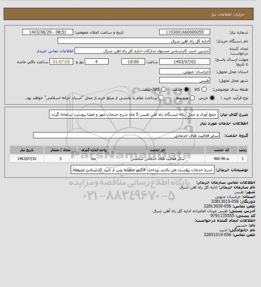 استعلام جمع آوری و حمل زباله ایستگاه راه آهن طبس       5 ماه

شرح خدمات مهر و امضا پیوست سامانه گردد