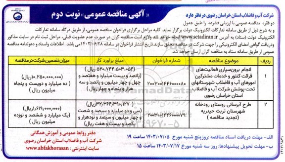 مناقصه انجام برون سپاری فعالیت های قرائت کنتور و خدمات مشترکین ...- نوبت دوم 