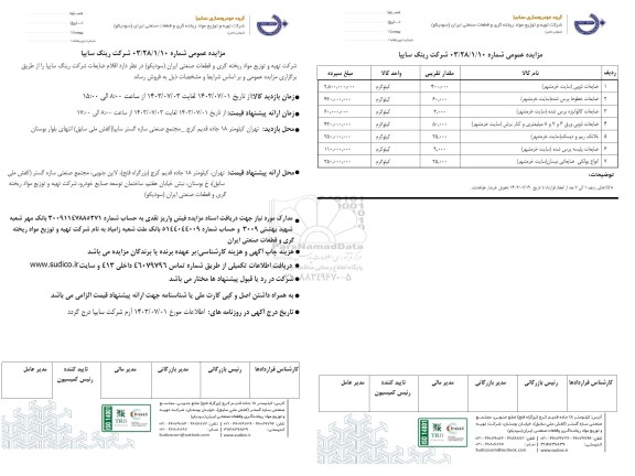 مزایده عمومی اقلام ضایعات شرکت رینگ سایپا 