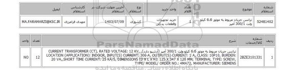 استعلام ترانس جریان مربوط به موتور 6.6 کیلو ولت 300/1 آمپر