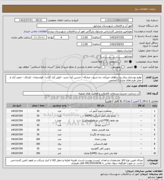 استعلام لوازم نوسازی برای روستاهای خیرآباد- ده شیخ - مبارکه - حسین آباد جدید - فیض آباد گراب - فوشنجان - فرخک - حمید آباد از محل طرح های مشارک مردمی