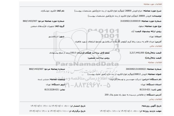 مزایده، فروش 26800 کیلوگرم انواع الکترود از رده خارج(طبق مشخصات پیوست)