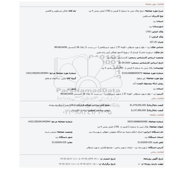 مزایده، پلاک ثبتی به شماره 2 فرعی از  1793 اصلی بخش 4 یزد