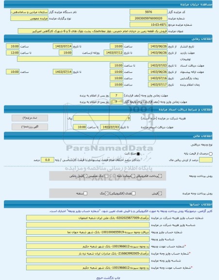 مزایده ، فروش یک قطعه زمین در خیابان امام خمینی، بلوار عطاءالملک، پشت بلوک های 5 و 6 شهرک کارگاهی امیرکبیر -مزایده زمین  - استان