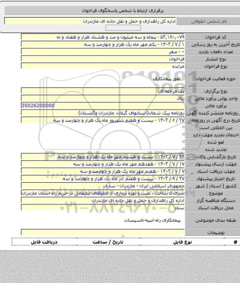 مزایده, سری ۵ ساخت ، نصب و بهره برداری از تابلوهای تبلیغاتی در حریم راه استان مازندران