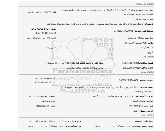 مزایده، 3 دانگ مشاع از 6 دانگ ملک رشت-بلوار معلم-نرسیده به استانداری-کوچه وحدت-کوچه جانباز-ساختمان مهدی-طبقه