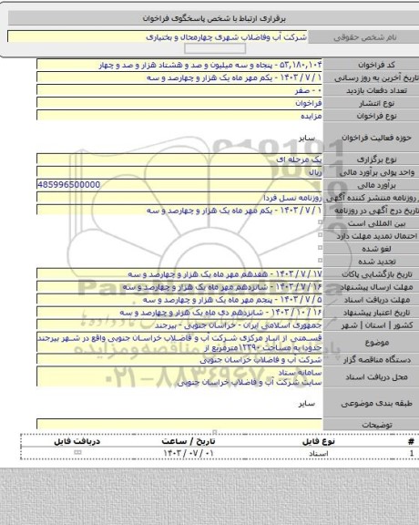 مزایده, قسمتی از انبار مرکزی شرکت آب و فاضلاب خراسان جنوبی واقع در شهر بیرجند حدودا به مساحت ۱۲۳۹۰مترمربع از