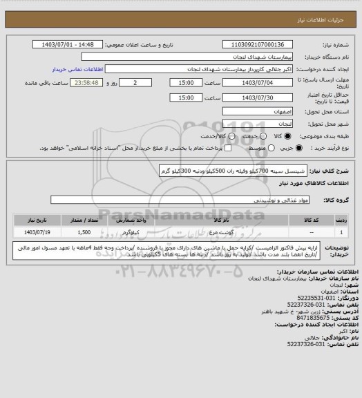 استعلام شینسل سینه 700کیلو وفیله ران 500کیلو ودنبه 300کیلو گرم