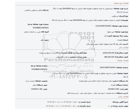 مزایده، فروش به میزان محکوم به وهزینه های اجرایی به مبلغ 564406500  تومان  1 دانگ مشاع از 6 دانگ