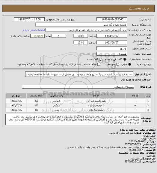 استعلام سدیم هیدروکسید، اسید سیتریک
شرح و مقدار درخواستی مطابق لیست پیوست (حتما مطالعه فرمایید)