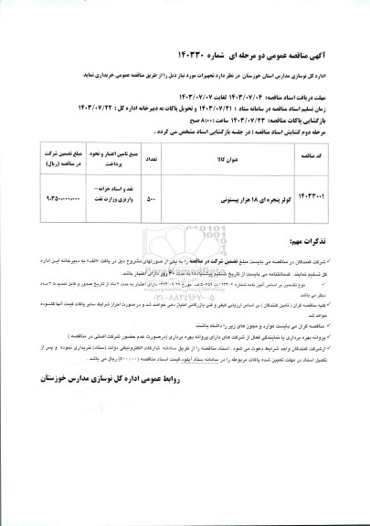 مناقصه کولر پنجره ای 18 هزار پیستونی