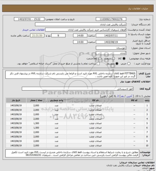 استعلام FITTINGS فقط کالای سازنده داخلی AVL مورد تایید است و الزاما می بایستی نام شرکت سازنده AVL  در پیشنهاد فنی ذکر گردد در غیر این صورت تایید نمی باشد .