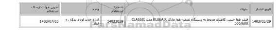 فیلتر ‎هوا‏ جنس ‎کاغذی‏ مربوط به دستگاه تصفیه هوا‏ مارک BLUEAIR‎ مدل CLASSIC 500/600