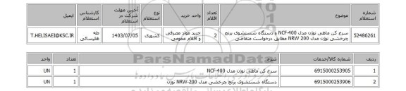 استعلام سرخ کن ماهی نوژن مدل NCF-400 و دستگاه شستشوی برنج چرخشی نوژن مدل NRW 200 مطابق درخواست متقاضی