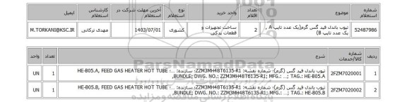 استعلام تیوب باندل فید گس گرم(یک عدد تایپ A , یک عدد تایپ B)