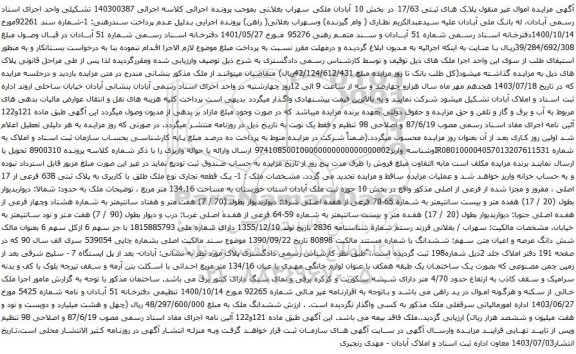 مزایده اموال غیر منقول پلاک های ثبتی 17/63 در بخش 10 آبادان 