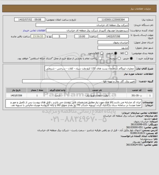 استعلام عملیات ایزوگام ساختمان پست های 132 کیلو ولت سپاد - کلات - سرخس - شریعتی