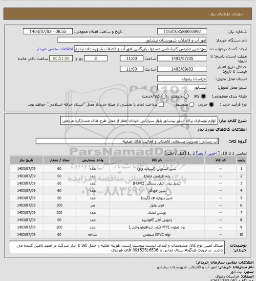 استعلام لوازم نوسازی برای شهر نیشابور بلوار سرایانی خیابان غفار از محل طرح های مشارکت مردمی