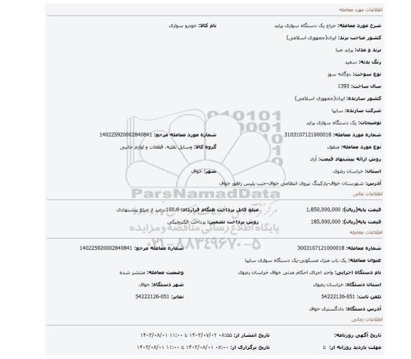 مزایده، یک دستگاه سواری پراید