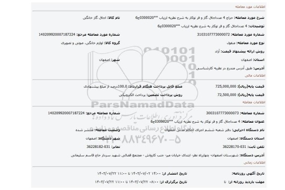 مزایده، 4 عدداجاق گاز و فر توکار به شرح نظریه ارزیاب  **0300020ج6