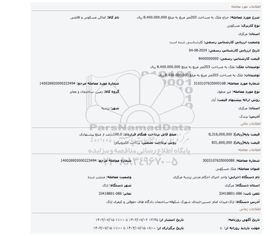 مزایده، ملک به مساحت 203متر مربع به مبلغ 8.400.000.000 ریال