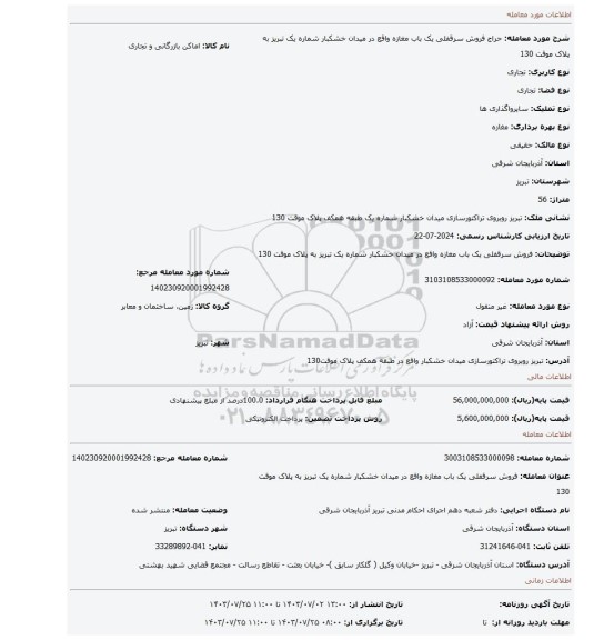 مزایده، فروش سرقفلی یک باب مغازه واقع در میدان خشکبار شماره یک تبریز به پلاک موقت 130