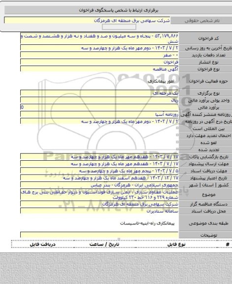 مناقصه, عملیات مقاوم سازی ، ایمن سازی  فونداسیون و دیوار حفاظتی بتنی برج های شماره ۲۲۹  و ۱۱۶ خط ۲۳۰ کیلوولت