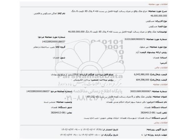 مزایده، ملک واقع در متری رسالت کوچه فاضل بن بست لاله 4 پلاک 65 .قیمت 6 دانگ 46.000.000.000