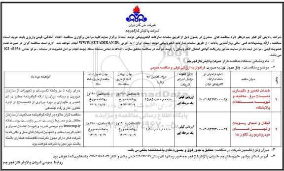 مناقصه خدمات تعمیر و نگهداری تاسیسات برق، مکانیک و تهویه مستغلات پالایشگاه....