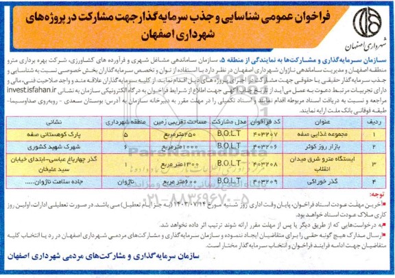 فراخوان عمومی شناسایی و جذب سرمایه گذار جهت مشارکت در پروژه های