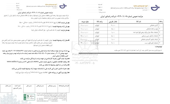 مزایده عمومی اقلام ضایعاتی شرکت رادیاتور ایران 