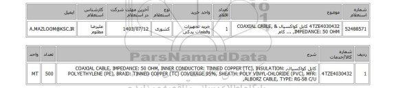 استعلام  4TZE4030432	کابل کواکسیال & COAXIAL CABLE, IMPEDANCE: 50 OHM, ... کام