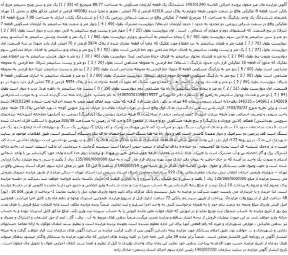 مزایده ششدانگ یک قطعه آپارتمان مسکونی به مساحت 88.77 مترمربع که (35 / 1) یک متر و سی وپنج دسیمتر مربع 