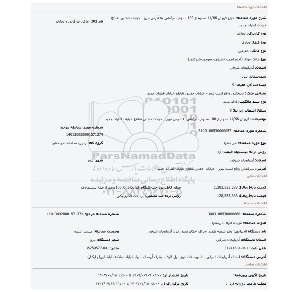 مزایده، فروش 11/66 سهم از 100 سهم سرقفلی به آدرس تبریز - خیابان حجتی تقاطع خیابان قطران جدید