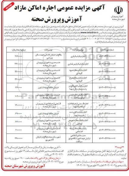 مزایده عمومی اجاره اماکن مازاد آموزش و پرورش - نوبت دوم 