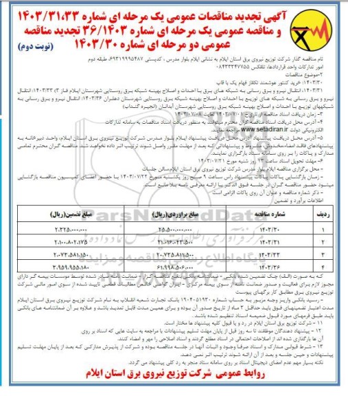 مناقصه خرید کنتور هوشمند تکفاز فهام یک با قاب ....- نوبت دوم 