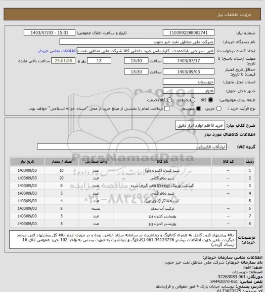 استعلام خرید 8 قلم لوازم ابزار دقیق