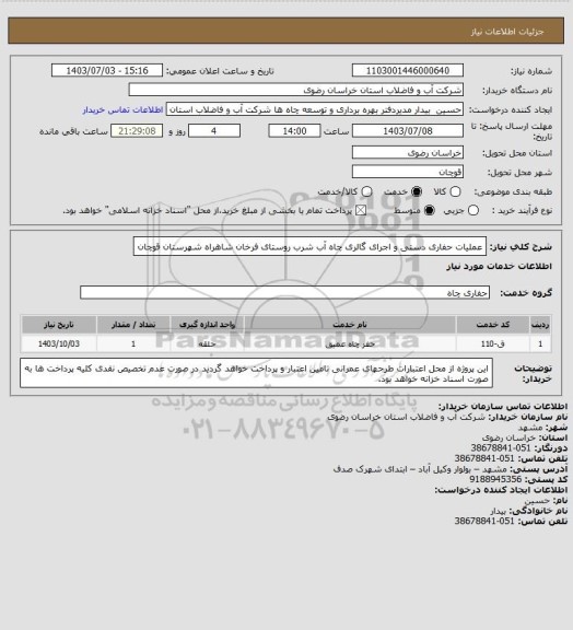 استعلام عملیات حفاری دستی و اجرای گالری چاه آب شرب روستای فرخان شاهراه شهرستان قوچان