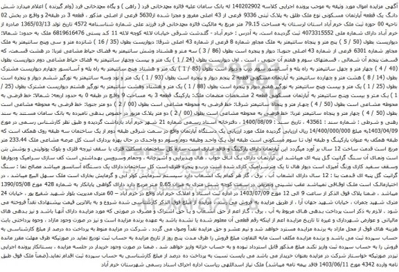 مزایده شش دانگ یک قطعه آپارتمان مسکونی نوع ملک طلق به پلاک ثبتی 9336 فرعی از 43 اصلی 