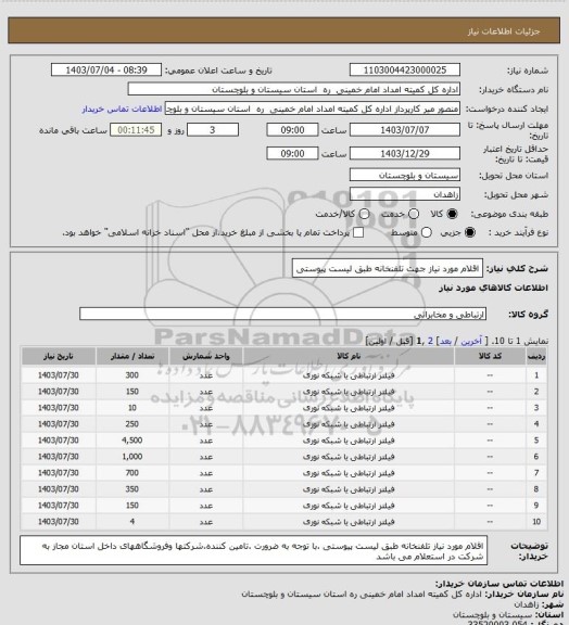 استعلام اقلام مورد نیاز جهت تلفنخانه طبق لیست پیوستی